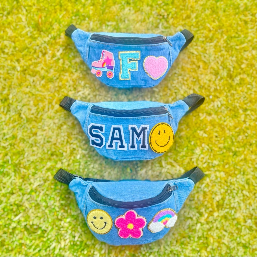 Kids Fanny pack, denim bumbag, personalized patch bag, Stoney clover